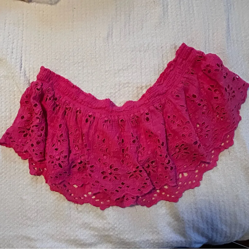 Free People One Perla Eyelet Lace Off-shoulder Barbie Hot Pink Crop Top XL - Image 8