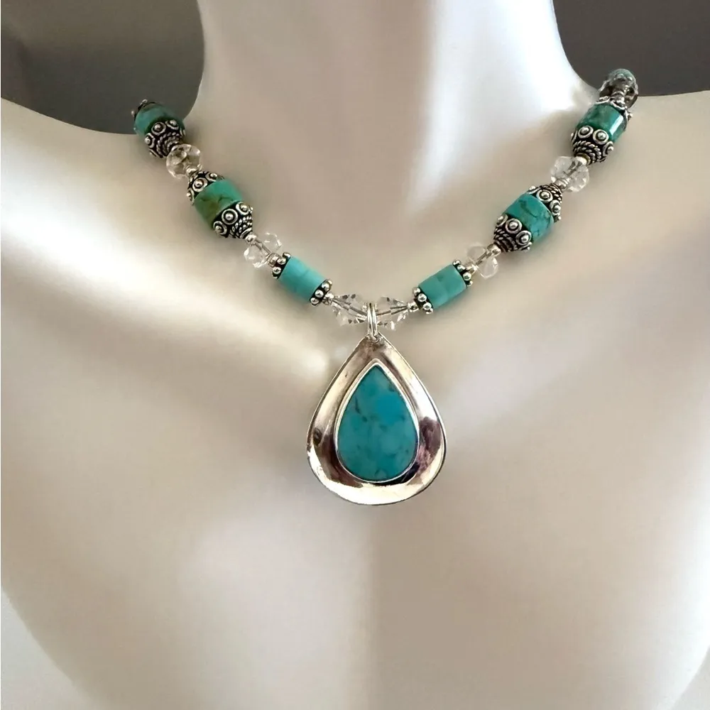Southwestern Boma Heshi Turquoise Sterling Silver Pendant Necklace VTG🔥 - Image 2