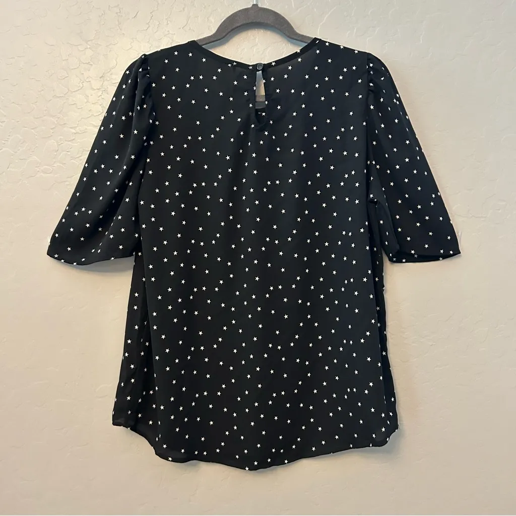 ⭐️Downeast black with white stars print pleated puff sleeve blouse size large - Image 10
