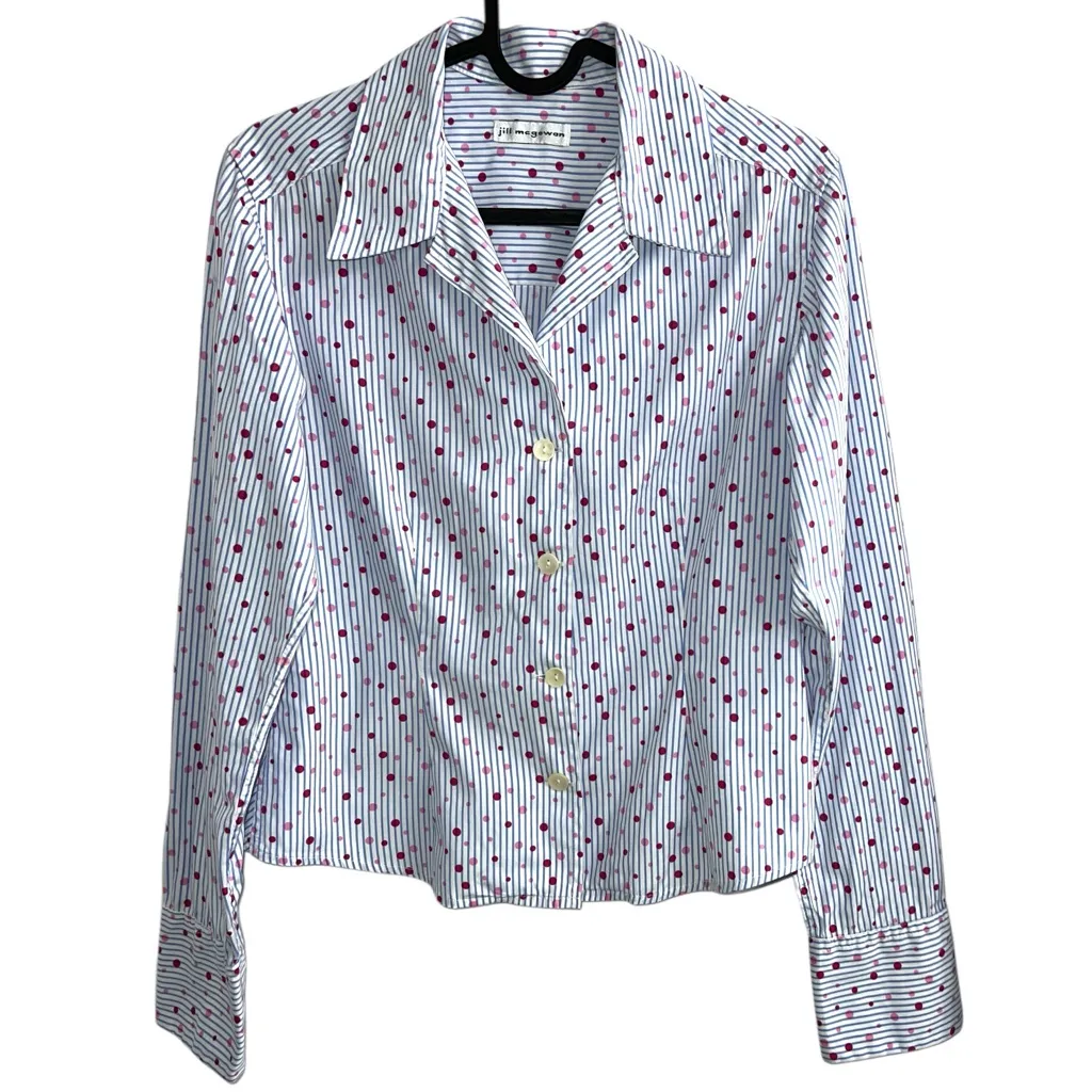 J. McLaughlin Stripe Cotton Baby Blue Polka dot Fitted Button Down Shirt Small - Image 4