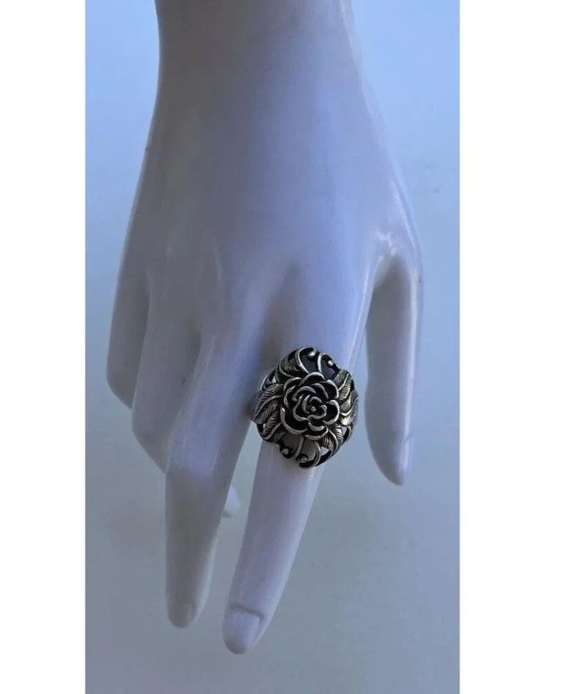 Vintaghe 925 Sterling Silver Carved Rose Flower Ring size 10 Signed Stamped - Image 9