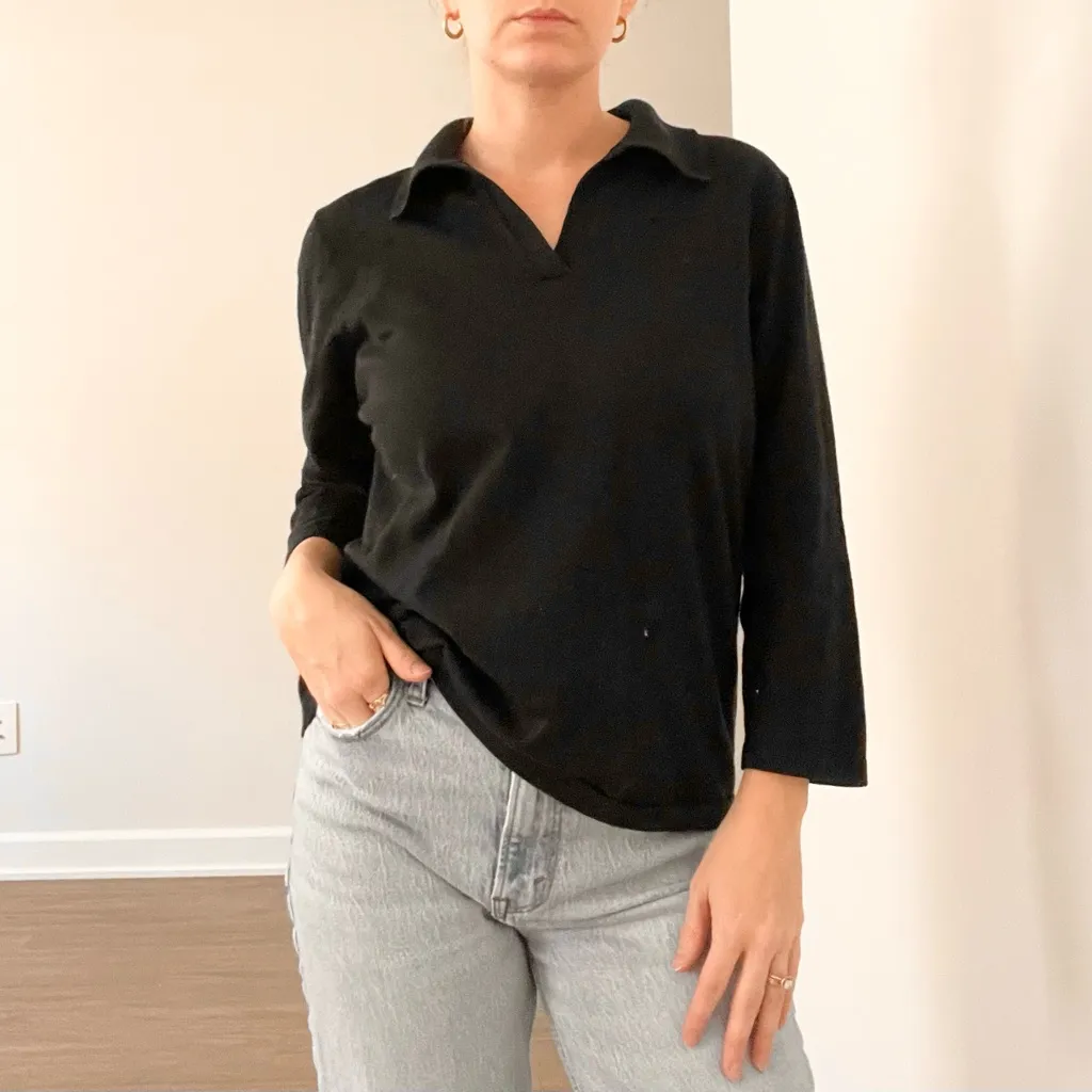 Vintage Lands End Collared Quarter Sleeve Top Black Size M - Image 3