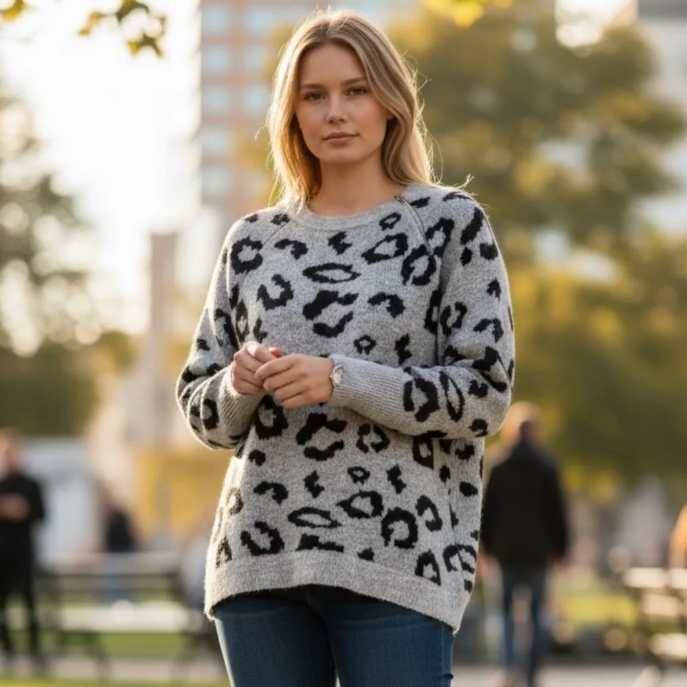 Abercrombie & Fitch gray black leopard crewneck sweater zipper accent Size Small - Image 2