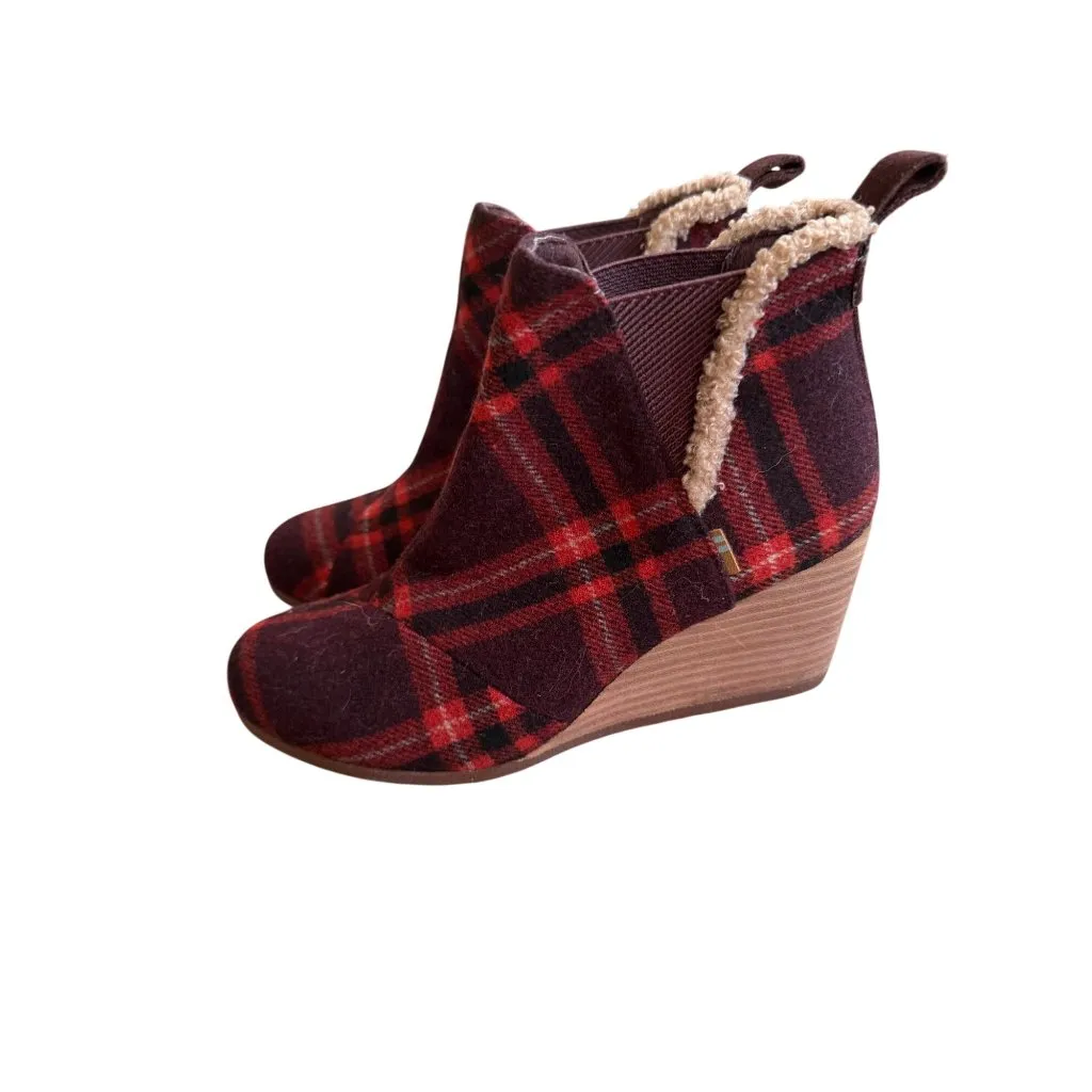 TOMS Holiday Red Plaid Wedges Ankle Boots Size US 7 - Image 7