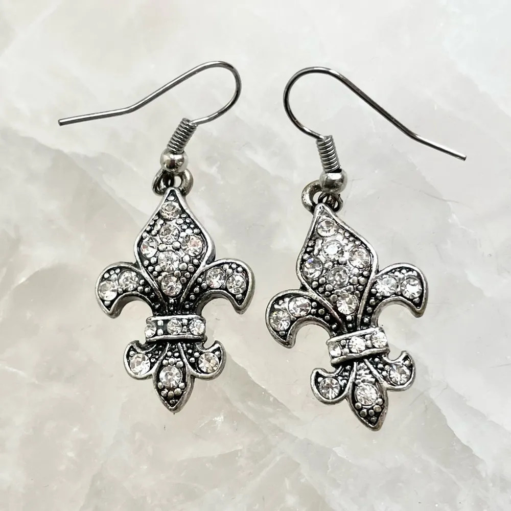 Fluer De Lis Rhinestone Silvertone Drop Earrings Silver - Image 2