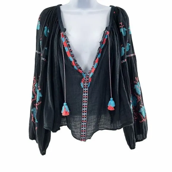 Free People FP One Embroidered Tassel Tie Top Small Navy Blue - Image 11