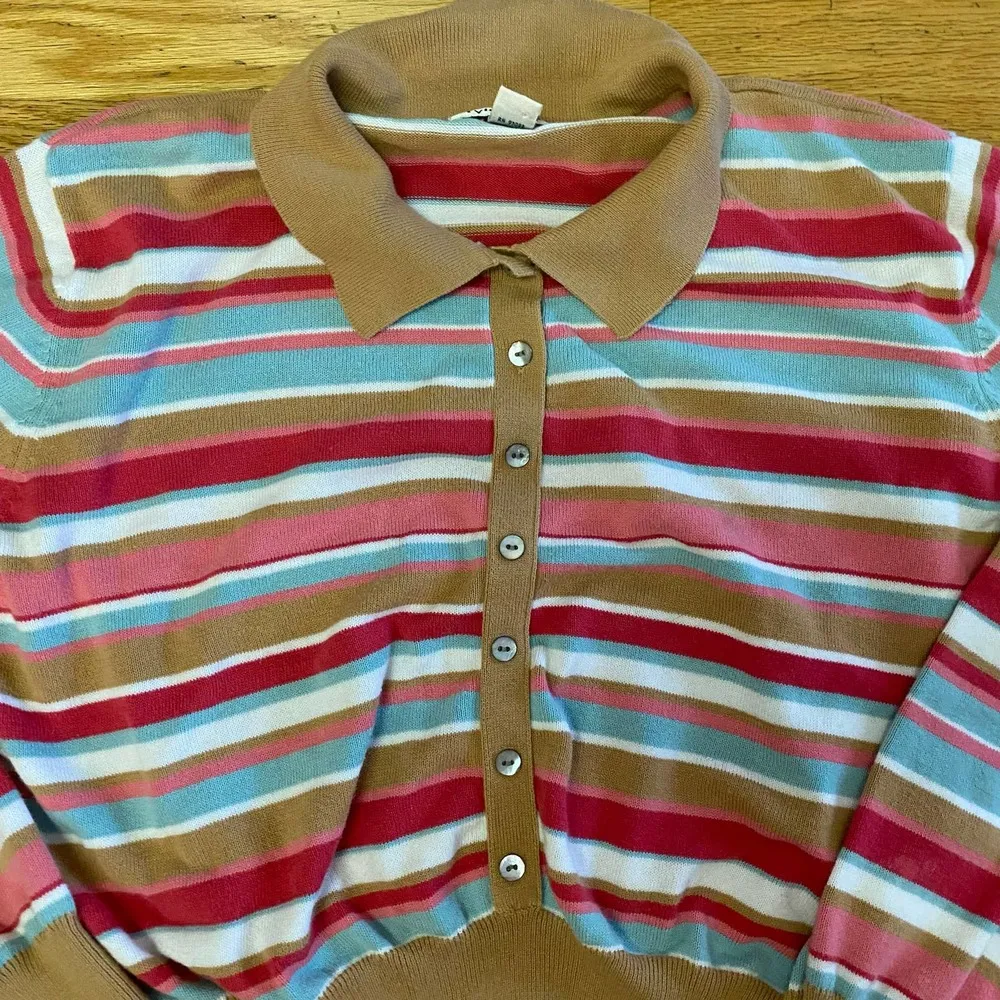 Tyler Boe Striped Collared Lightweight Knit Coastal Preppy Minimalist Career Sw… Brown Size XL - Image 2