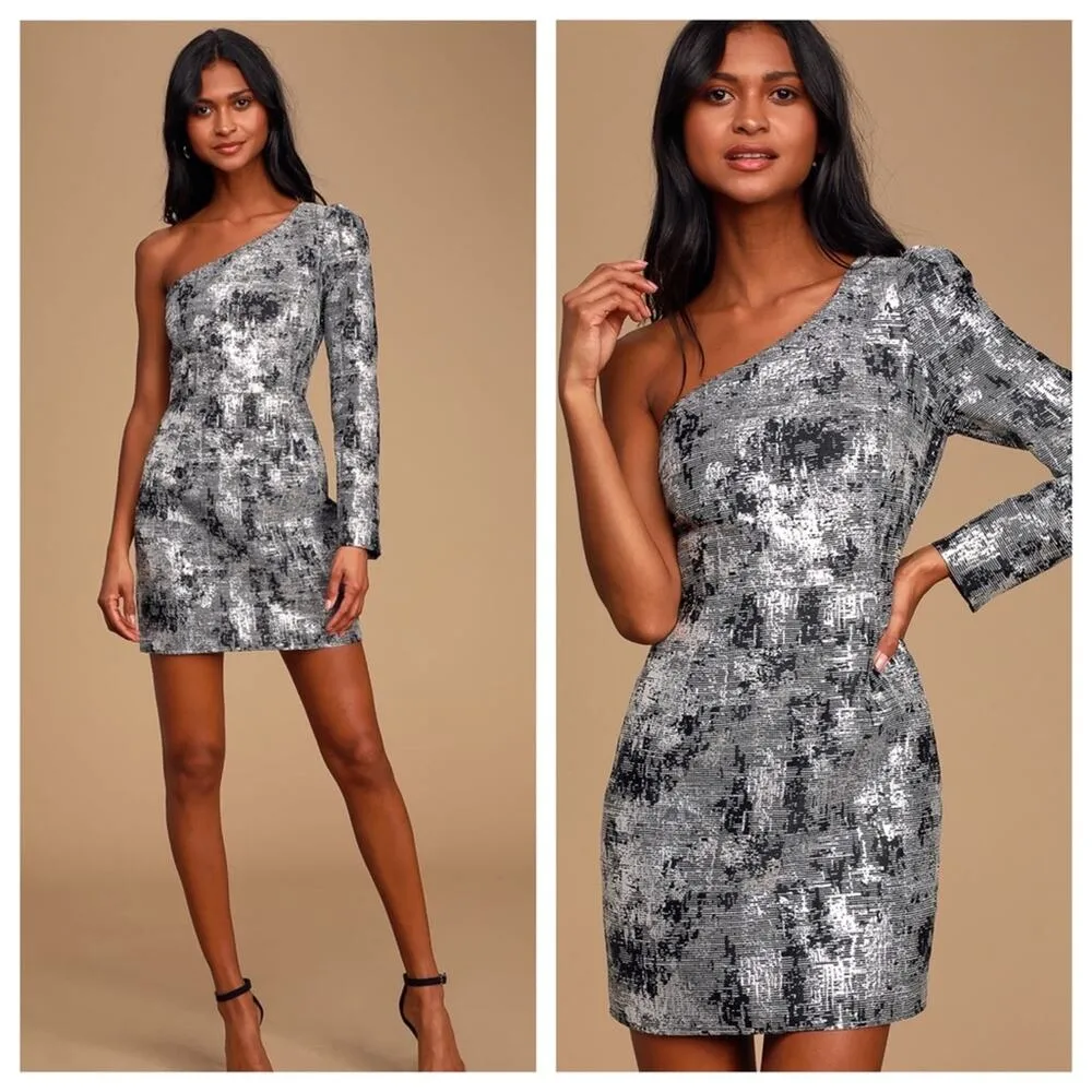 NWT Lulus Its All Love Metallic Black & Silver Cocktail Dress One Shoulder S - Image 2