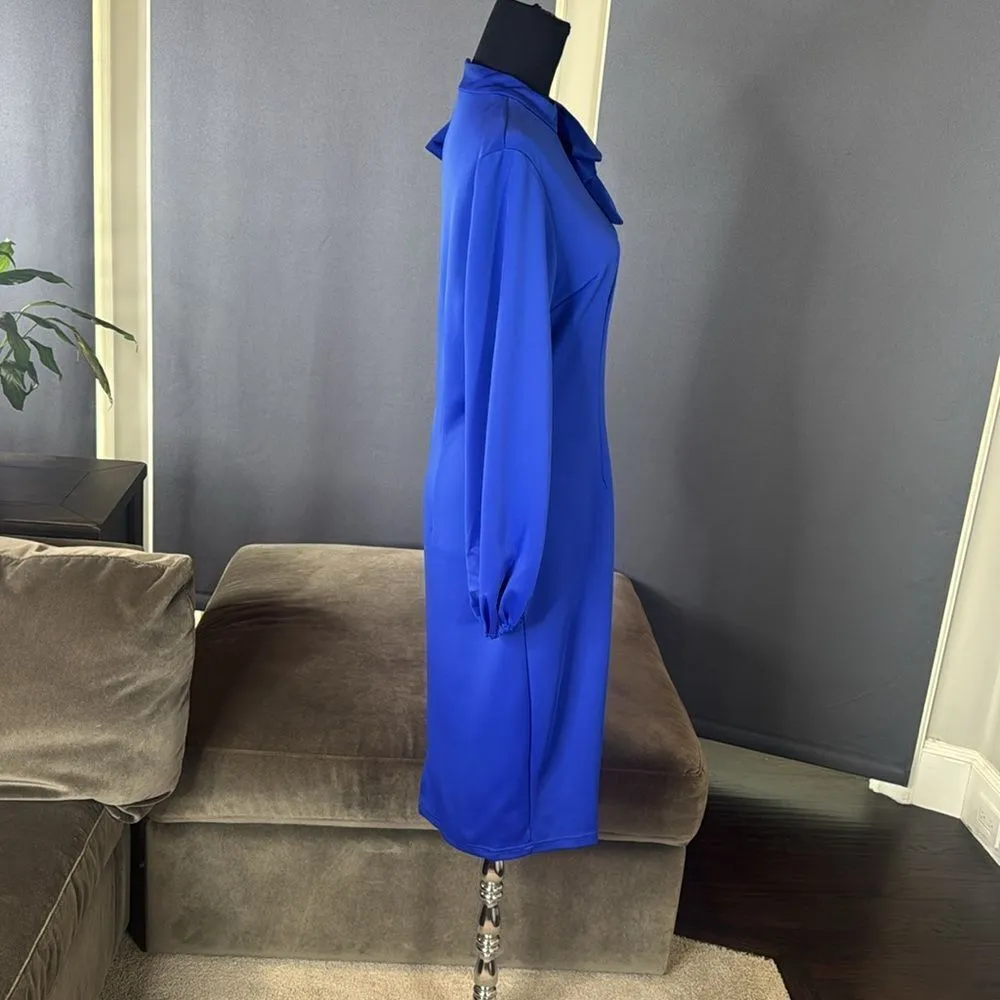 Women’s Blue Long Sleeve Midi Pencil Dress with Bow Detail Size XL NEW - Image 3