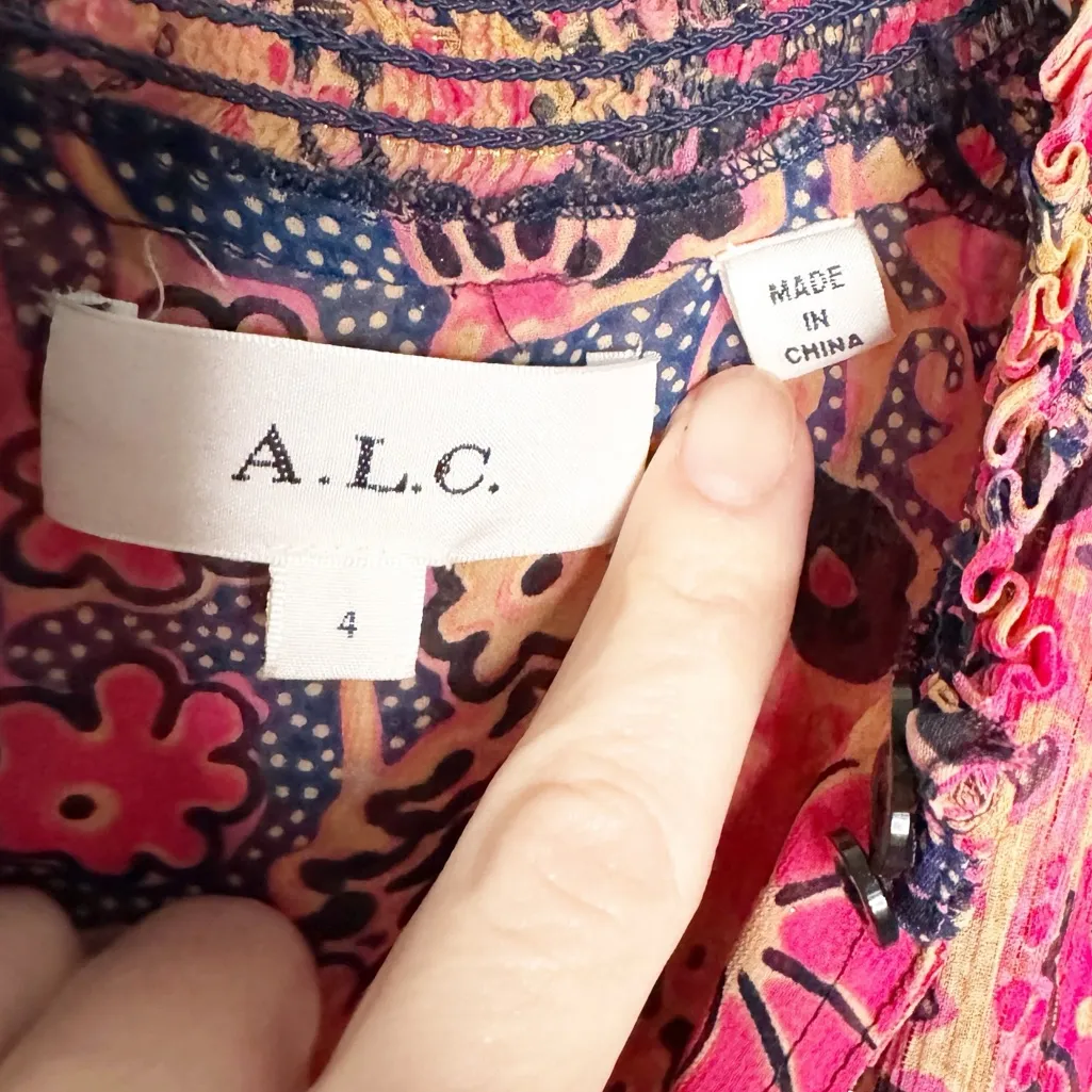 A.L.C. SILVIE METALLIC SILK BLEND FLORAL SMOCKED DRESS SZ 4 - Image 4