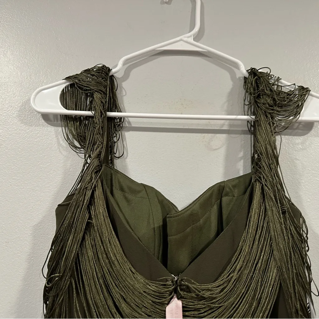 Mac Duggal 20568 Short Sleeve Fringe Detailed Midi Dress Olive Sz 2 NWOT - Image 5