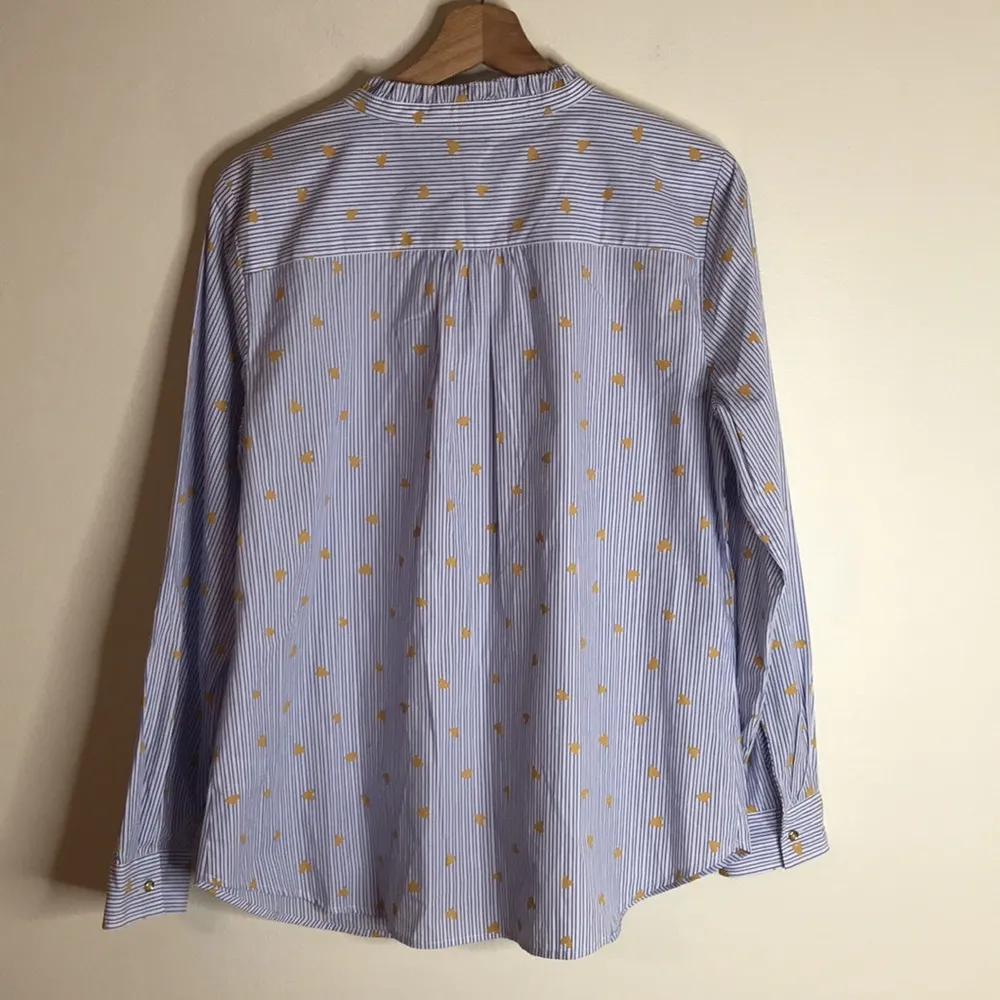 Talbots Heart Stripe Blouse Blue White Ruffle Button Up shirt Cotton size large - Image 10