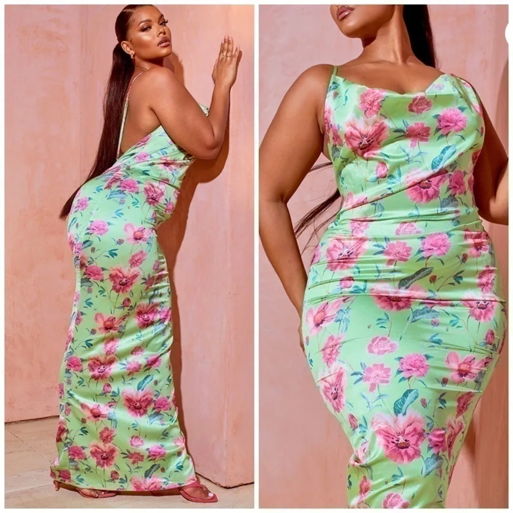 PrettyLittleThing Green Pink Floral Satin Cowl Neck Maxi Dress Size L - Image 3