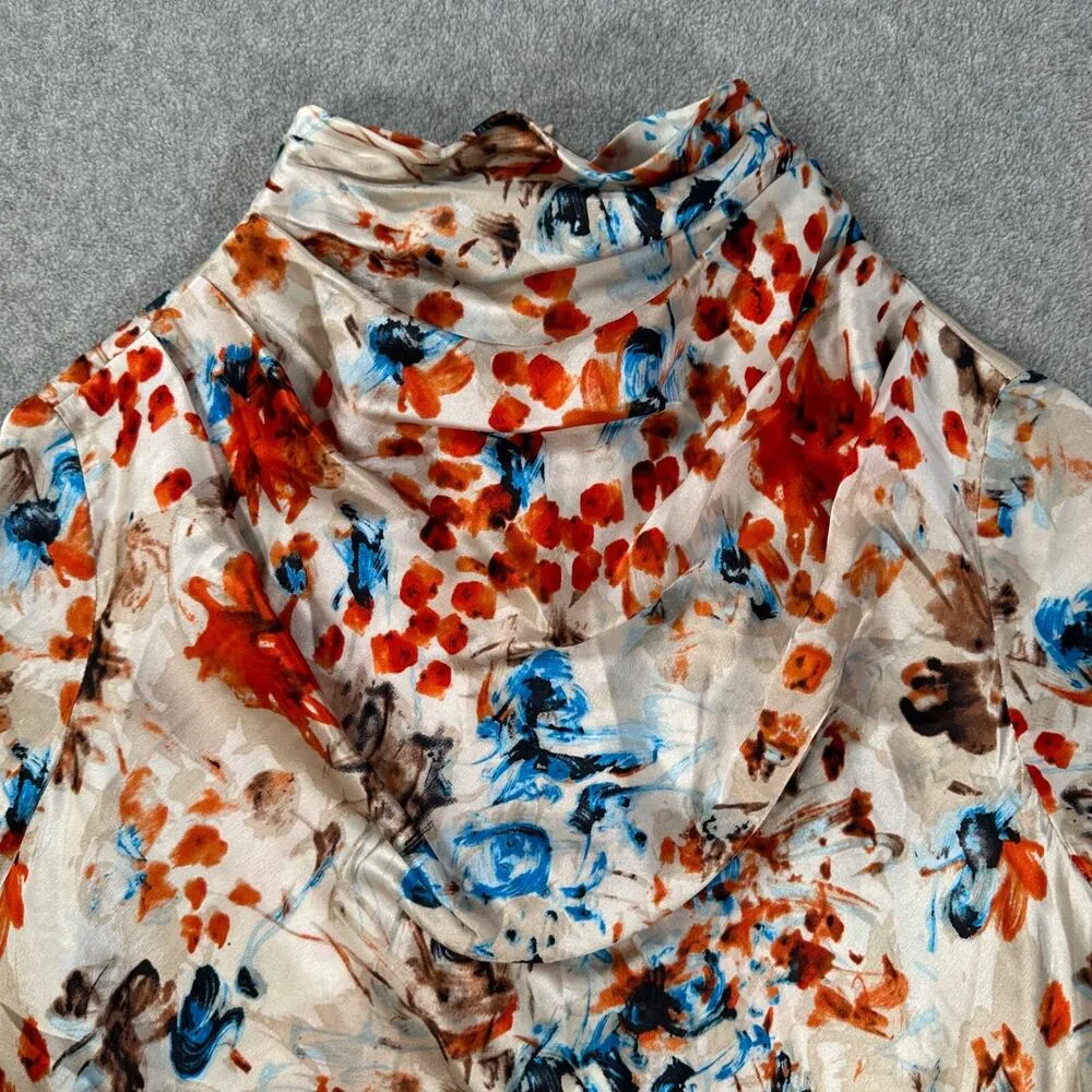 Doncaster Collection Silk Blouse Mock Cowl Neck Women's 14 Blue Orange Floral - Image 3
