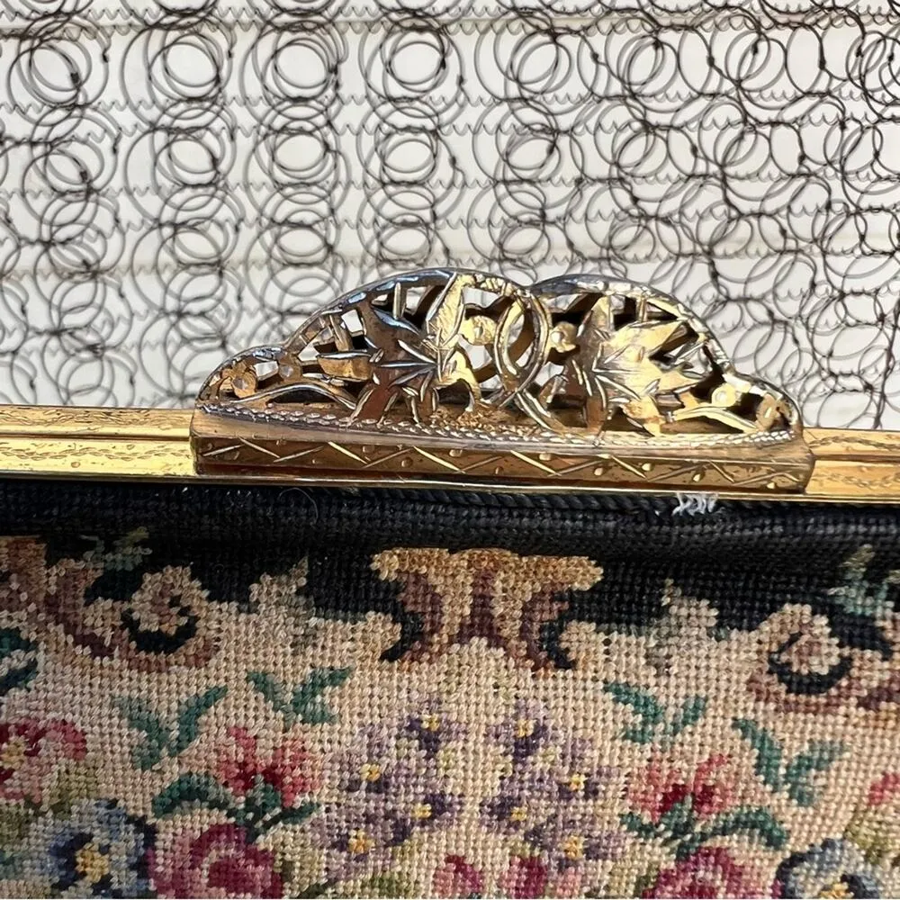 Vintage Jolles Austria Purse Petit Point Embroidered Floral 1930s Tapestry Black - Image 9
