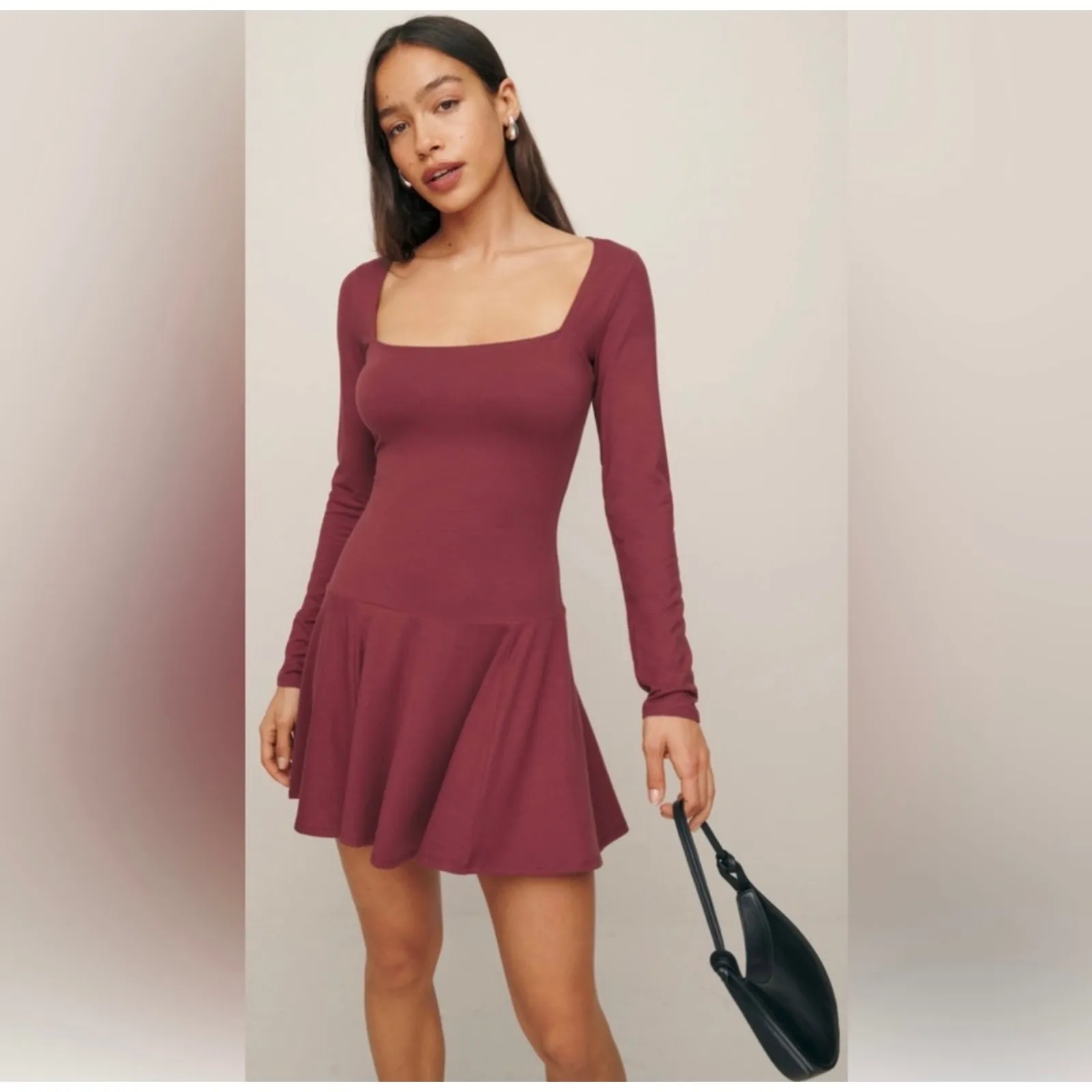 Reformation Coen Jersey Knit Long Sleeve Square Neck Mini Dress Chianti small - Image 4