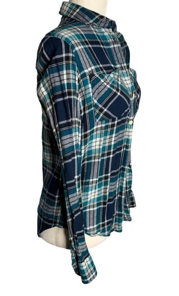 Aeropostale Lightweight Button Up Flannel Shirt S Blue Green Plaid Pockets - Image 5