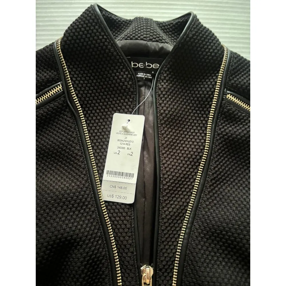 New Bebe Izzy Zip up Vest Black with Gold Detail sz 2 - Image 2