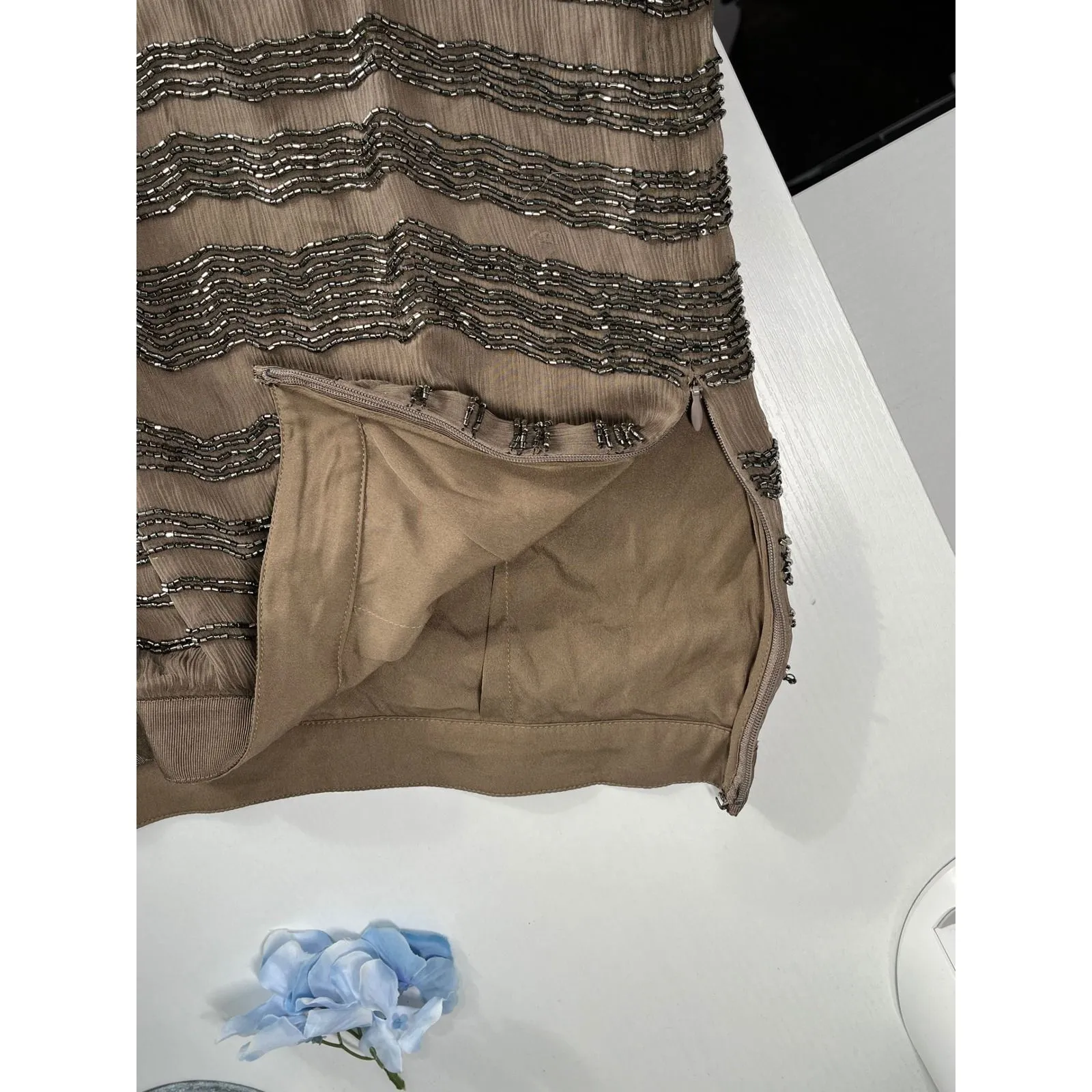 Club Monaco Beaded Skirt Brown Silk Women's Size 4 Tiered Ruffle Style 00301725 - Image 5