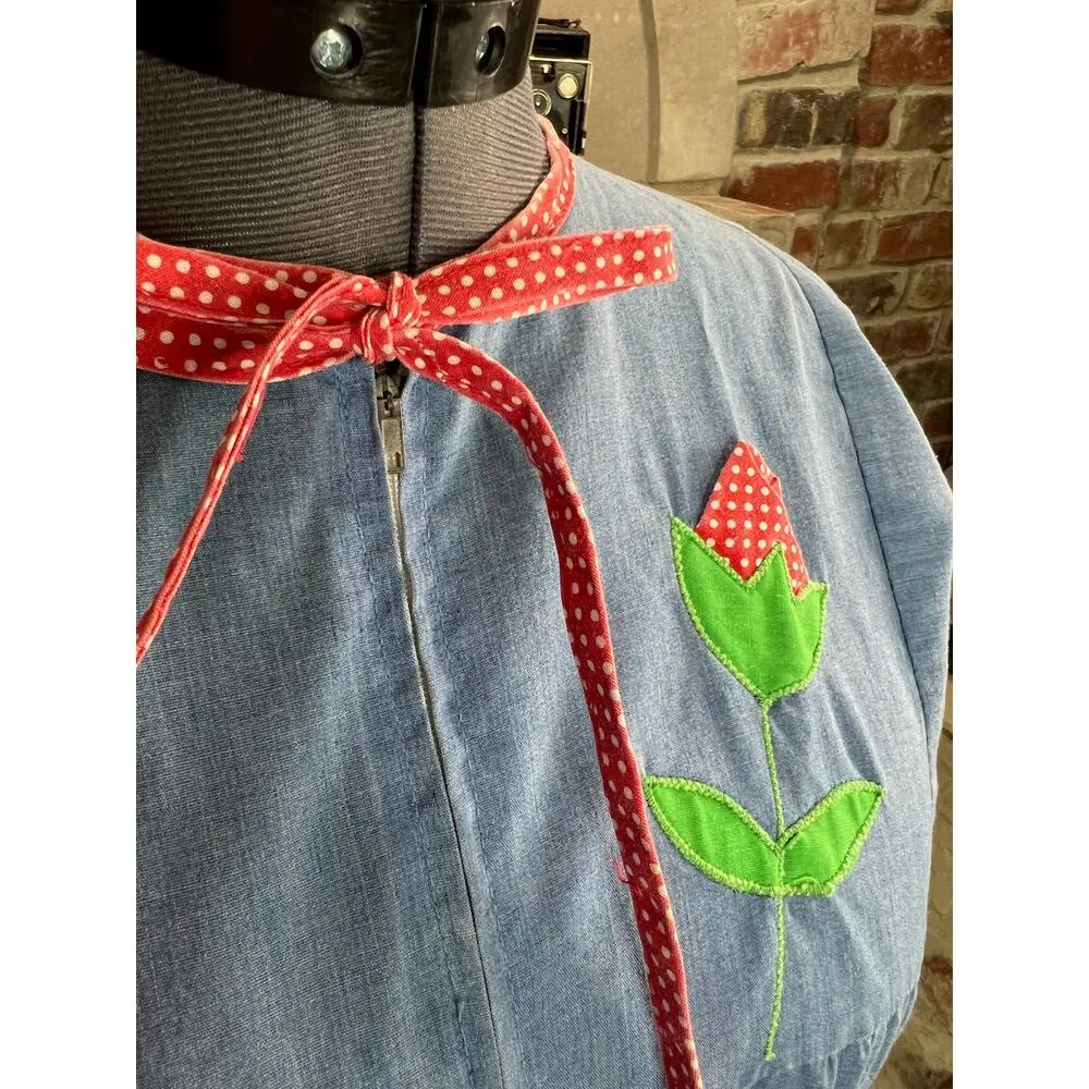 house dress duster Applique flower zip front blue red green rose cottagecore Size L - Image 10