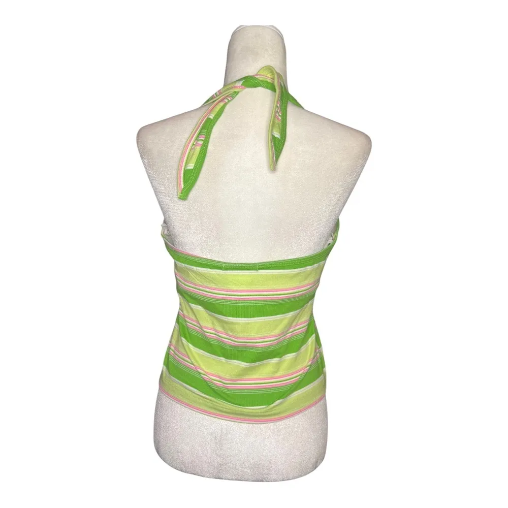 Y2K Green & Pink Striped Halter Top Tank Medium - Image 4