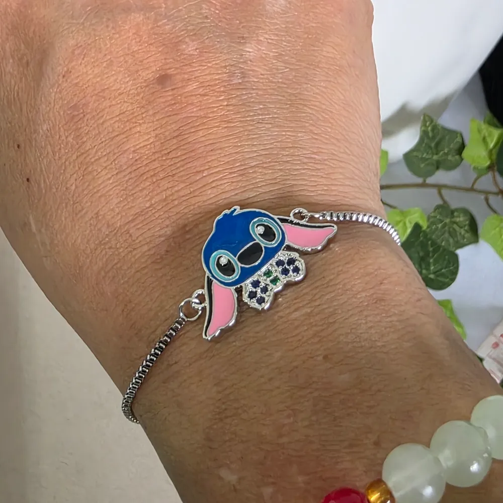 Silver Stainless Steel Bolo Adjustable Pull Bracelet with Stitch Charm Blue - Image 6