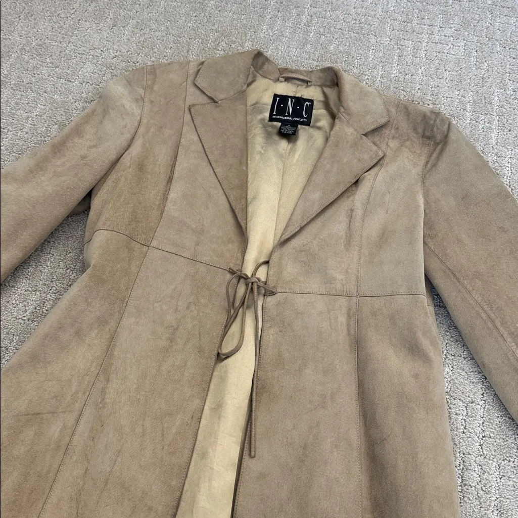 Vintage Tan Suede Blazer tie front long coat Size M - Image 2