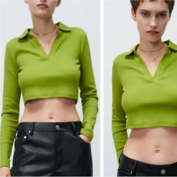 NWT Zara Green Ribbed Crop Top long sleeve collar medium - Image 2