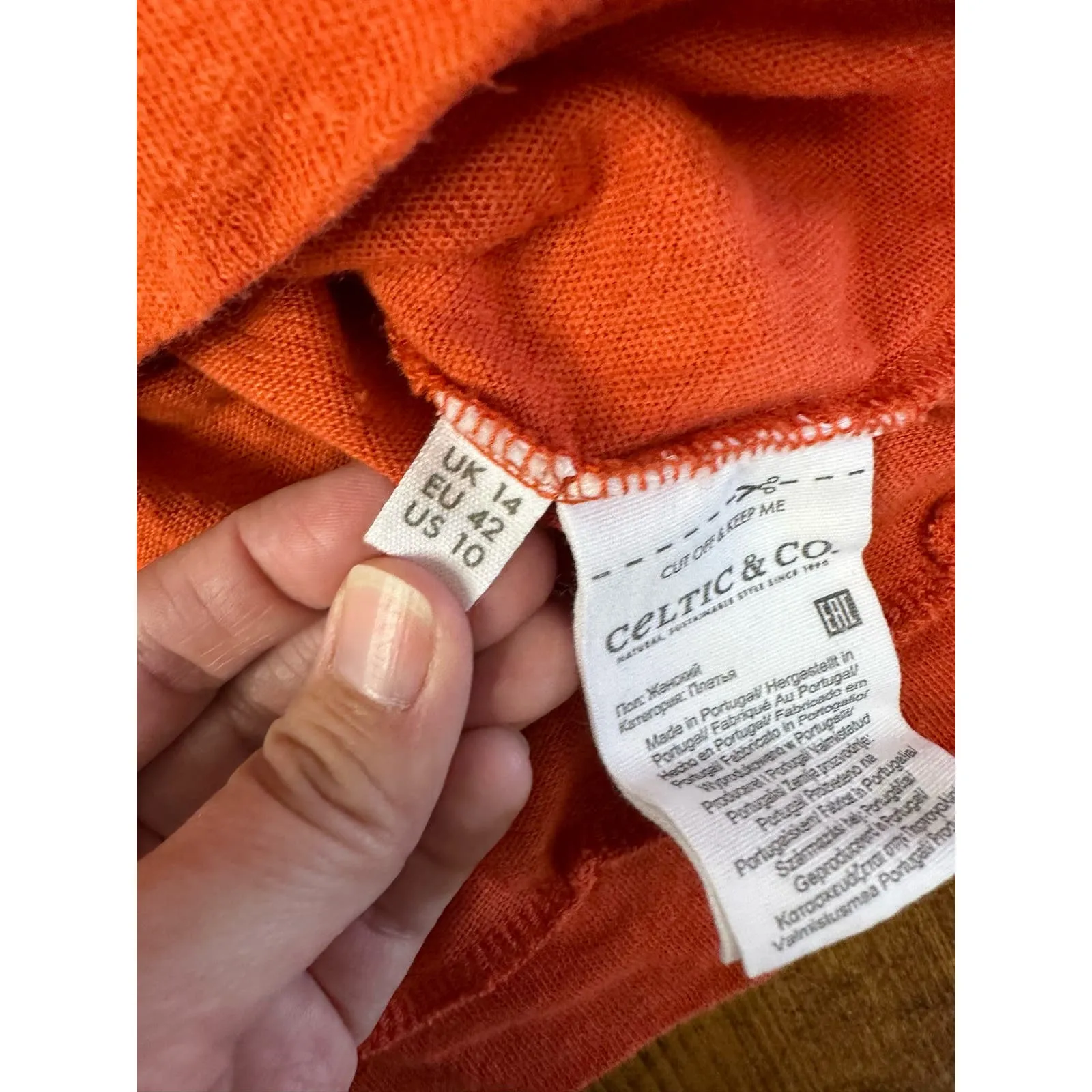 Celtic and‎ Co Organic Cotton and Linen Orange 3/4 sleeve top size US 10 - Image 3