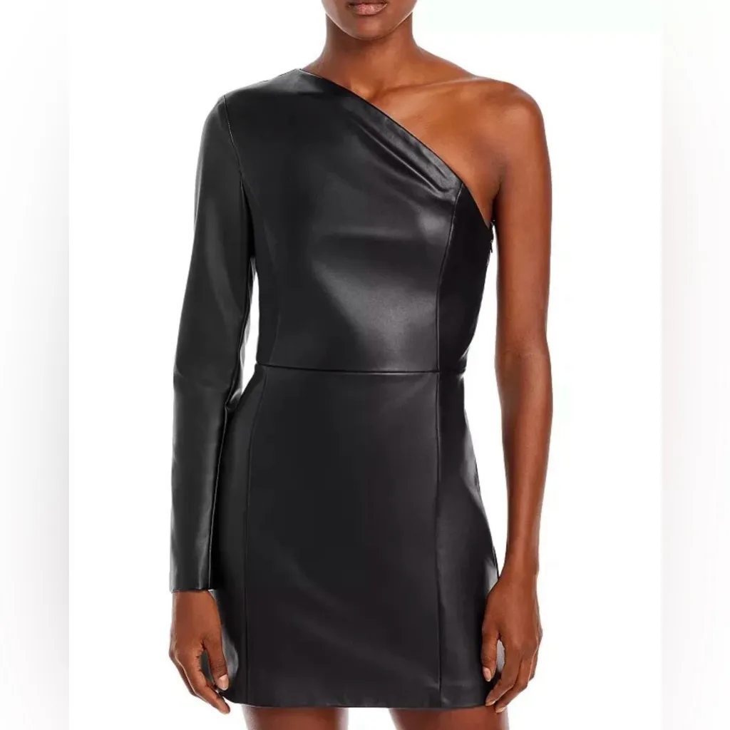 Aqua Faythe Vegan Faux Leather One‎ Shoulder Mini Dress Black Size Small - Image 3