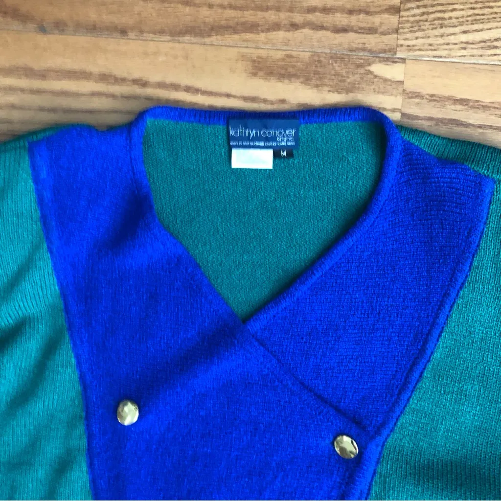 Kathryn Conover Sweater Top Puff Sleeves 80s Vintage Green Blue Women’s Size M Size M - Image 3