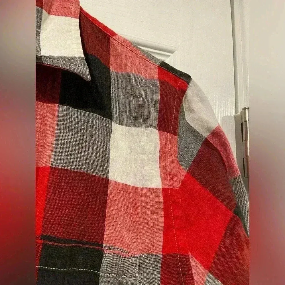 Lauren Ralph Lauren Black Red Plaid 100% Linen Button Down Long Sleeve Size M - Image 3