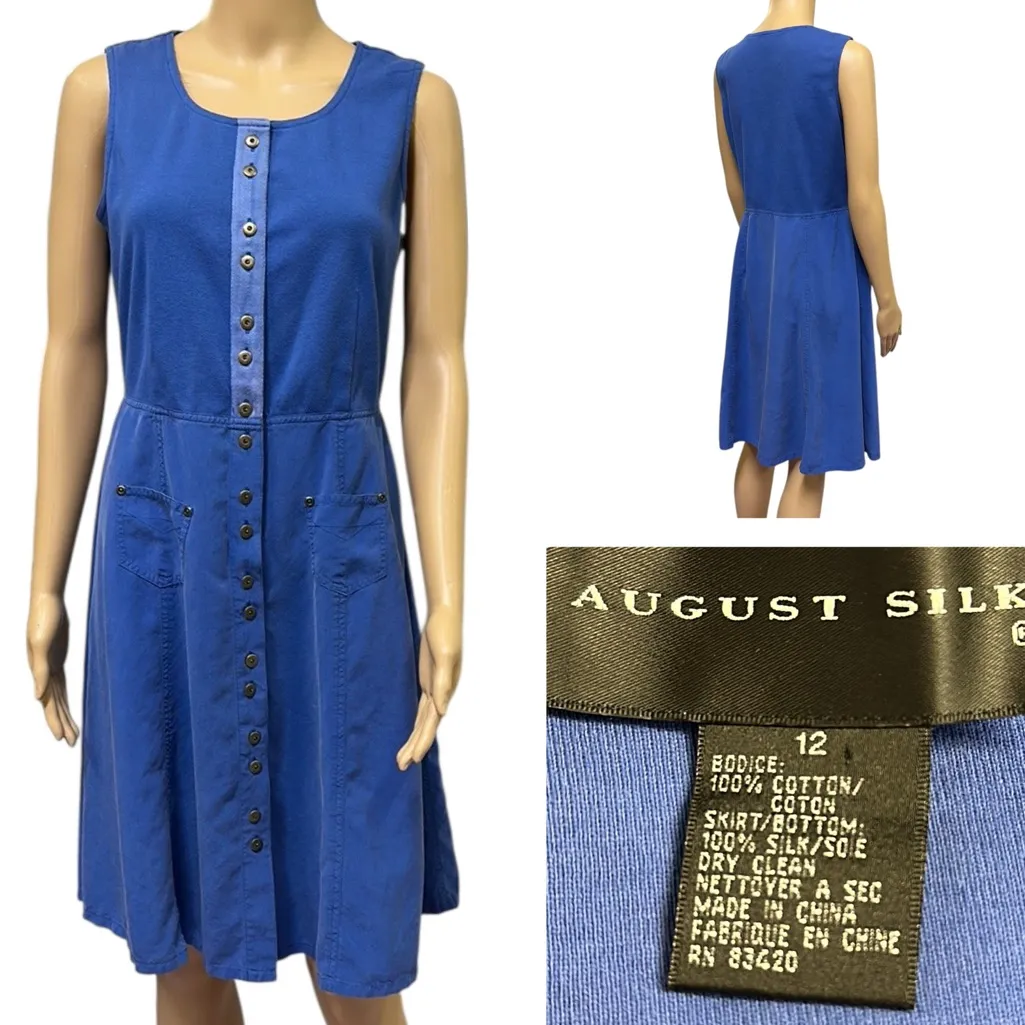 Vintage August Silk and Cotton Blue Button Front Sleeveless Midi Dress Womens 12 - Image 2