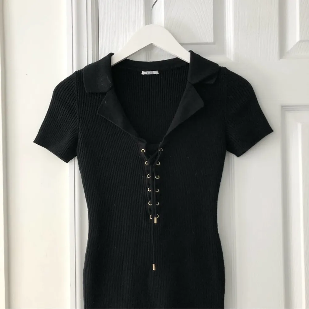 Wolford Black Ribbed Sweater Knit Collared Lace Up Neck Body Con Mini Dress XS - Image 2