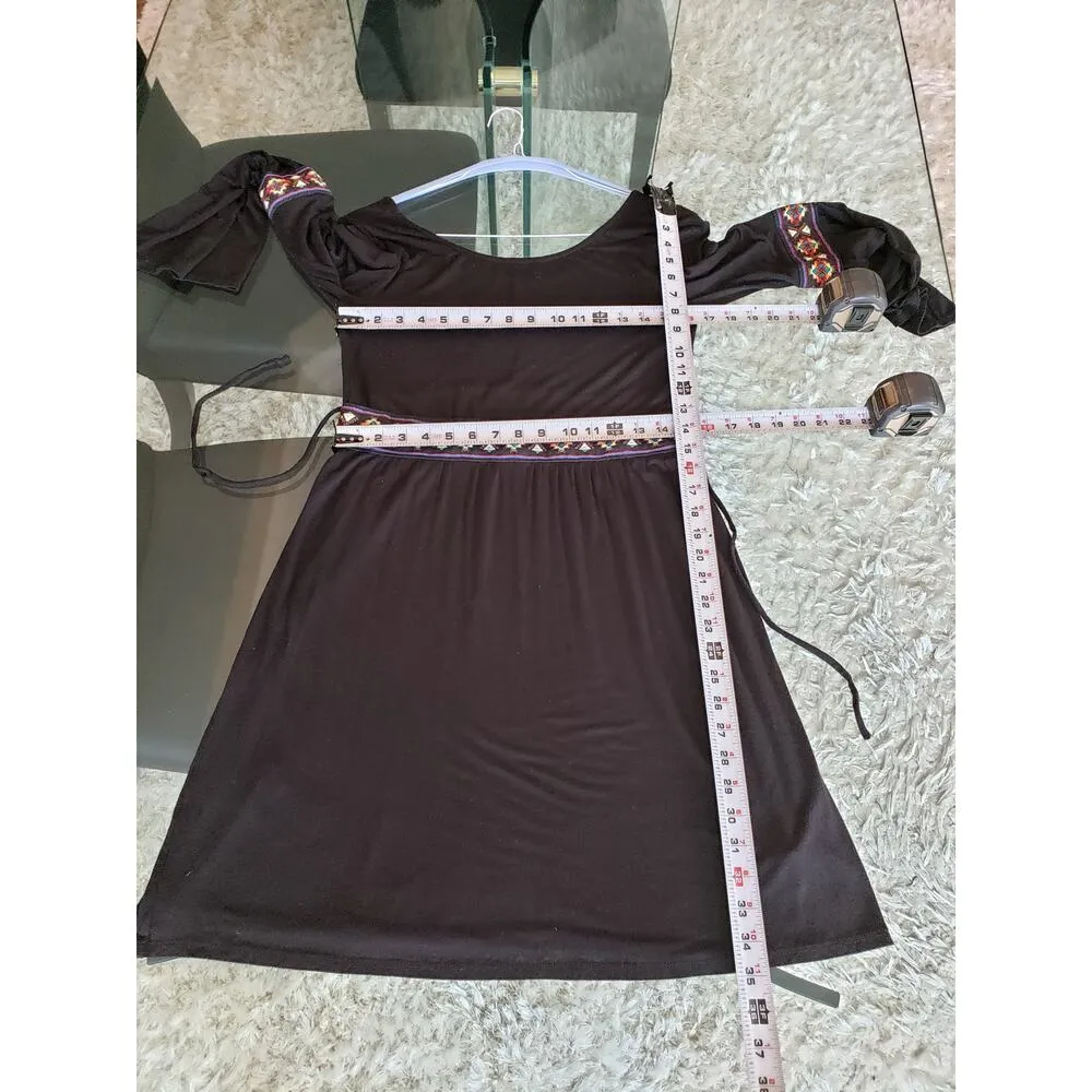 Peppermint Fit & Flare Dress Women M Black Rayon Embroidered Belted Boat Neck - Image 6