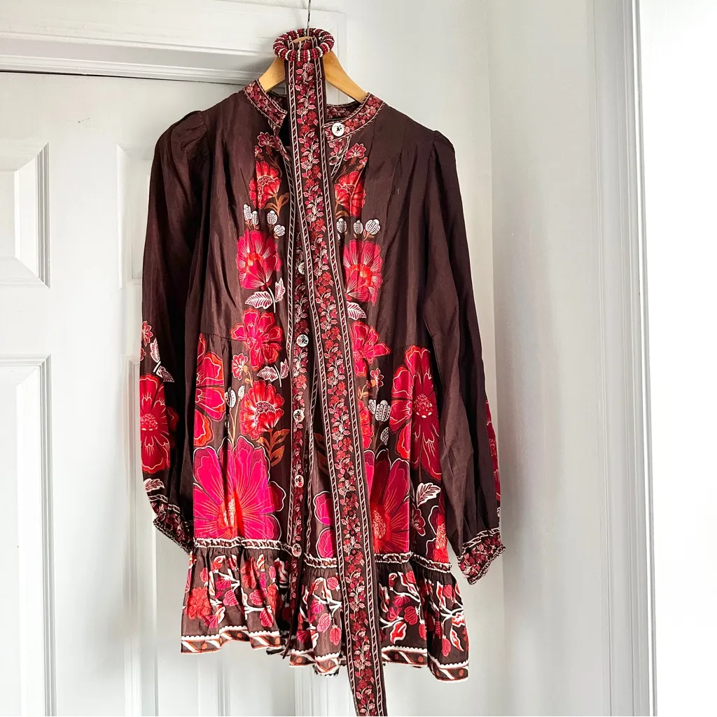 NWT Farm Rio Gigi Tapestry Belted Mini Dress Floral Brown and Red - Image 3