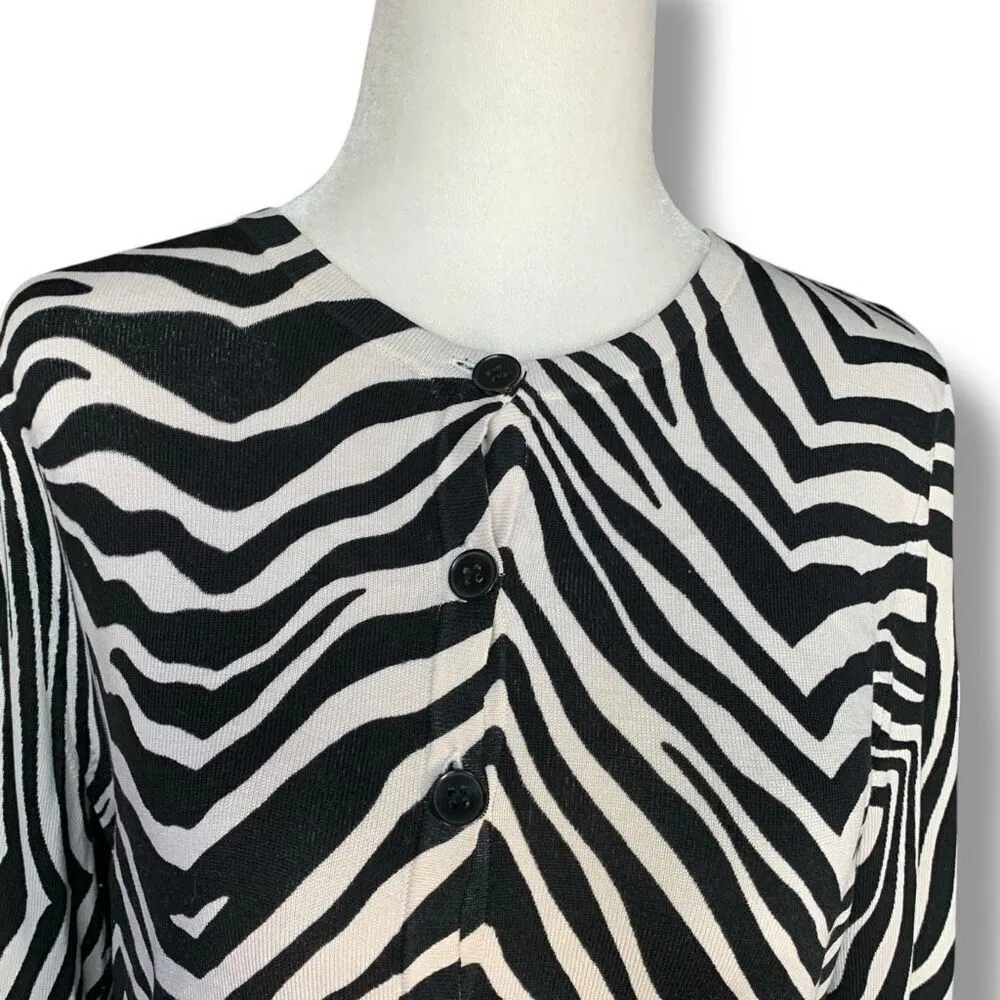 Chaus Cardigan Sweater Black White Zebra Animal Print Silk Blend Crewneck Small - Image 2