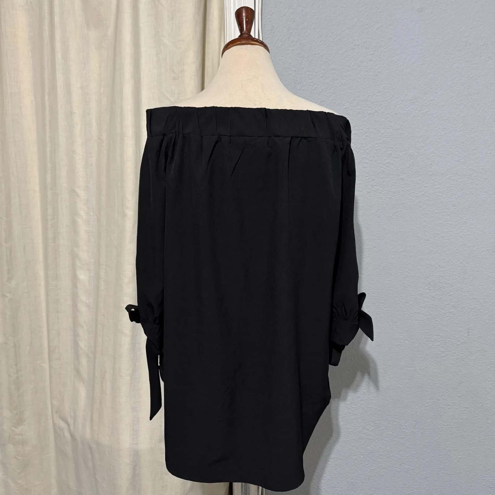 GIBIU USA Bohemian Black Off Shoulder Embroidered Rose Sleeve Tie Goth Top L Size L - Image 5