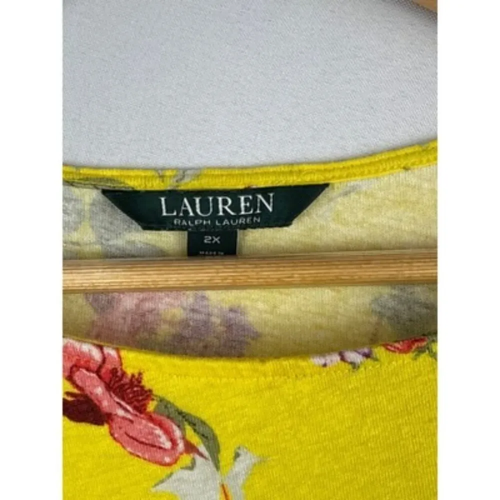 Lauren Ralph Lauren 2X Womens Yellow Floral Half Sleeve Crew Neck T-Shirt Linen - Image 2