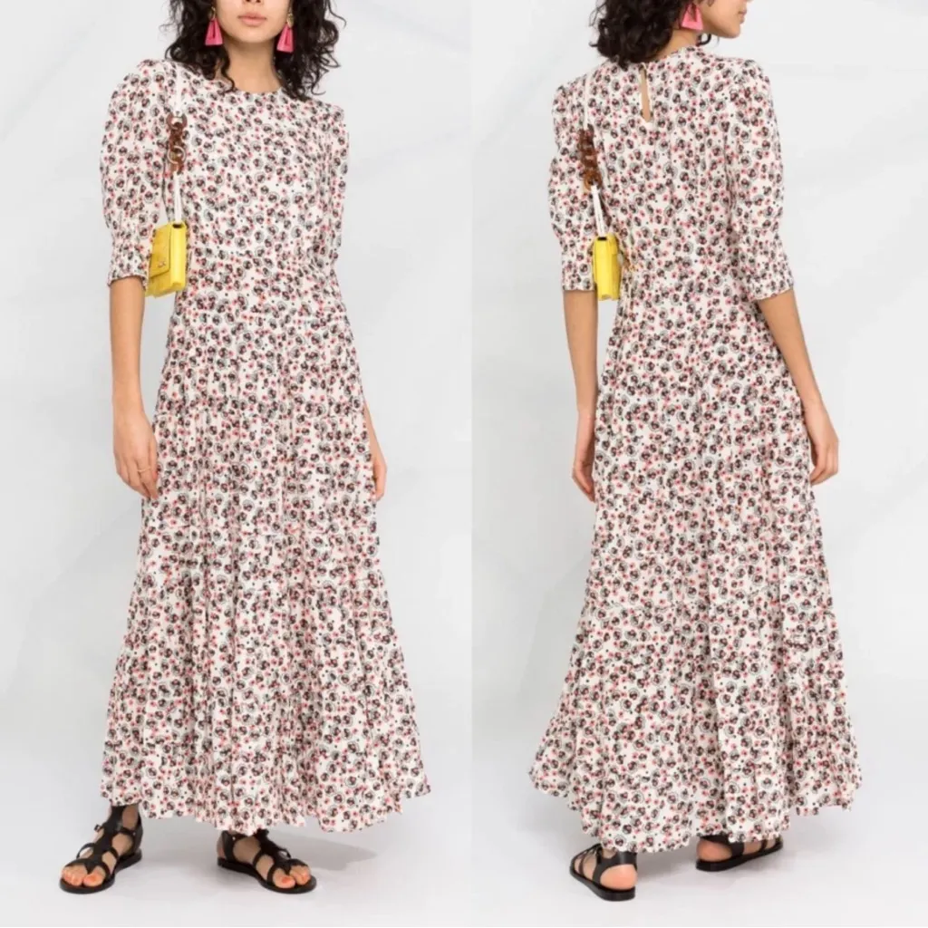 RIXO • Kristen Dress maxi rayon floral Shell Squiggle Coral puff sleeve tiered Orange Size M - Image 7