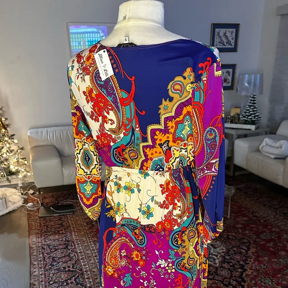 Pink Rock Boho Floral Long Sleeve Maxi Dress Size S Blue - Image 5