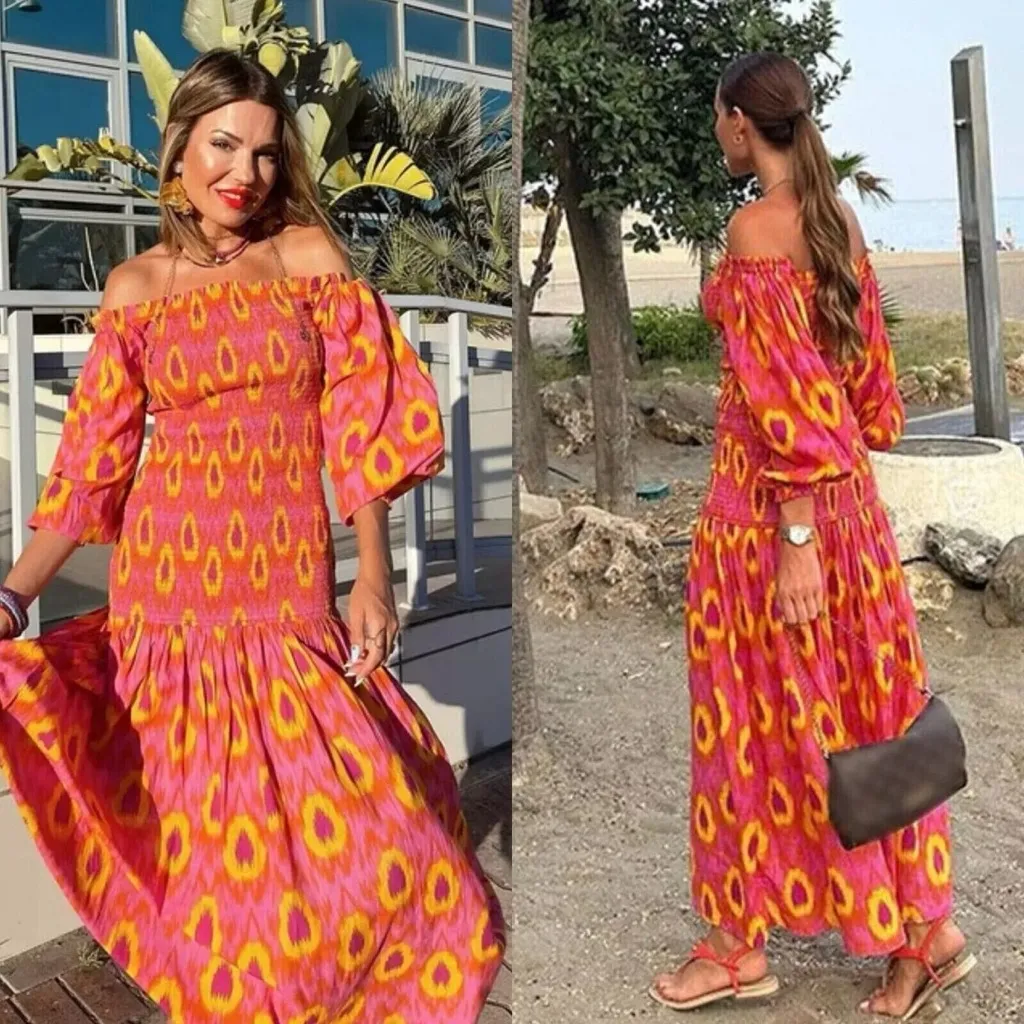 Zara smocked maxi dress midi blogger favorite colorful print neon balloon sleeve - Image 2