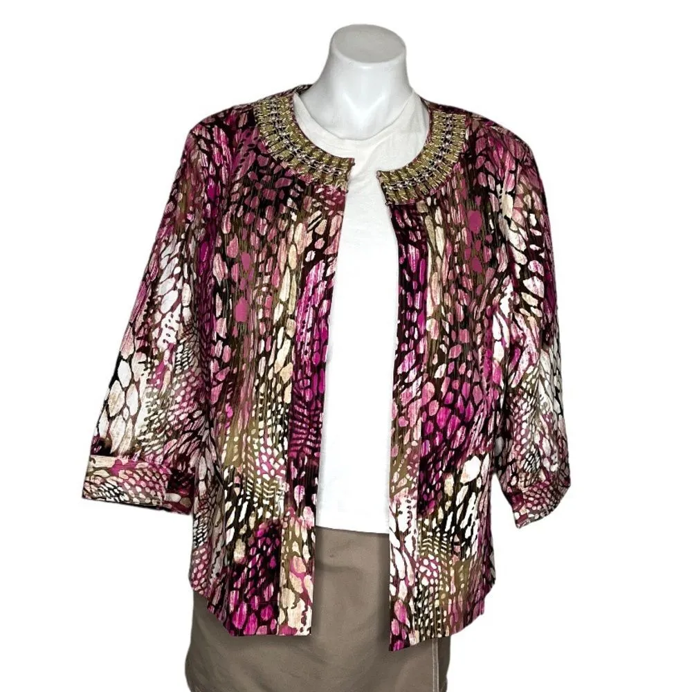 CHICOS ADDITIONS Pastel Animal Prints Open Jacket Sequin Collar Size 3 XL - Image 3