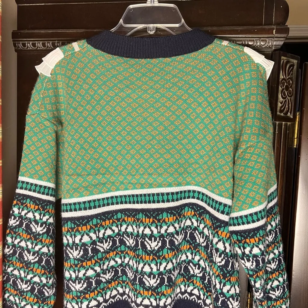 Green Blue Crew Neck Sweater with Geometric Pattern Retro Style - Image 6