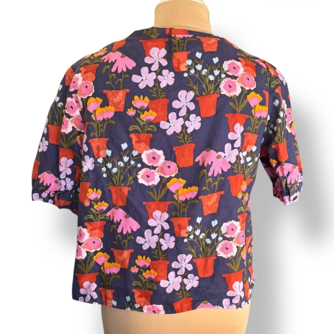 Princess Highway Floral Pot Print Linen Cotton Top Linen Blend Puff Sleeves Blue Size undefined - Image 5