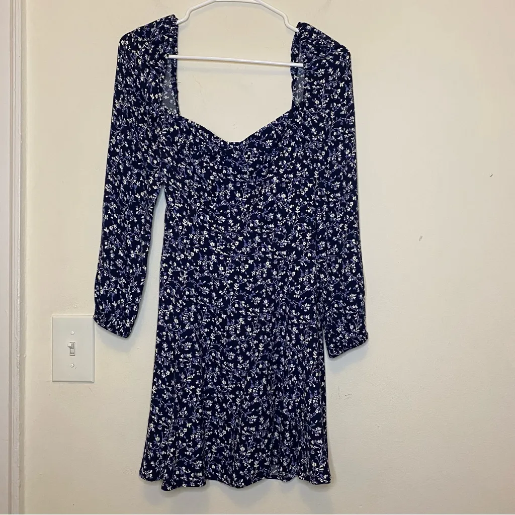 REFORMATION Mochi Floral Long Sleeve Sweetheart Mini Dress Blue/White Sz 4 Small - Image 5