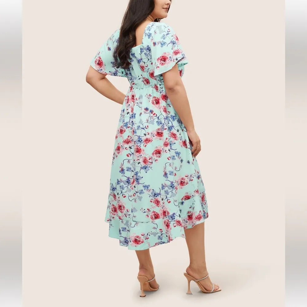 Square Neck Floral Print Gathered Drawstring Dress - Image 3