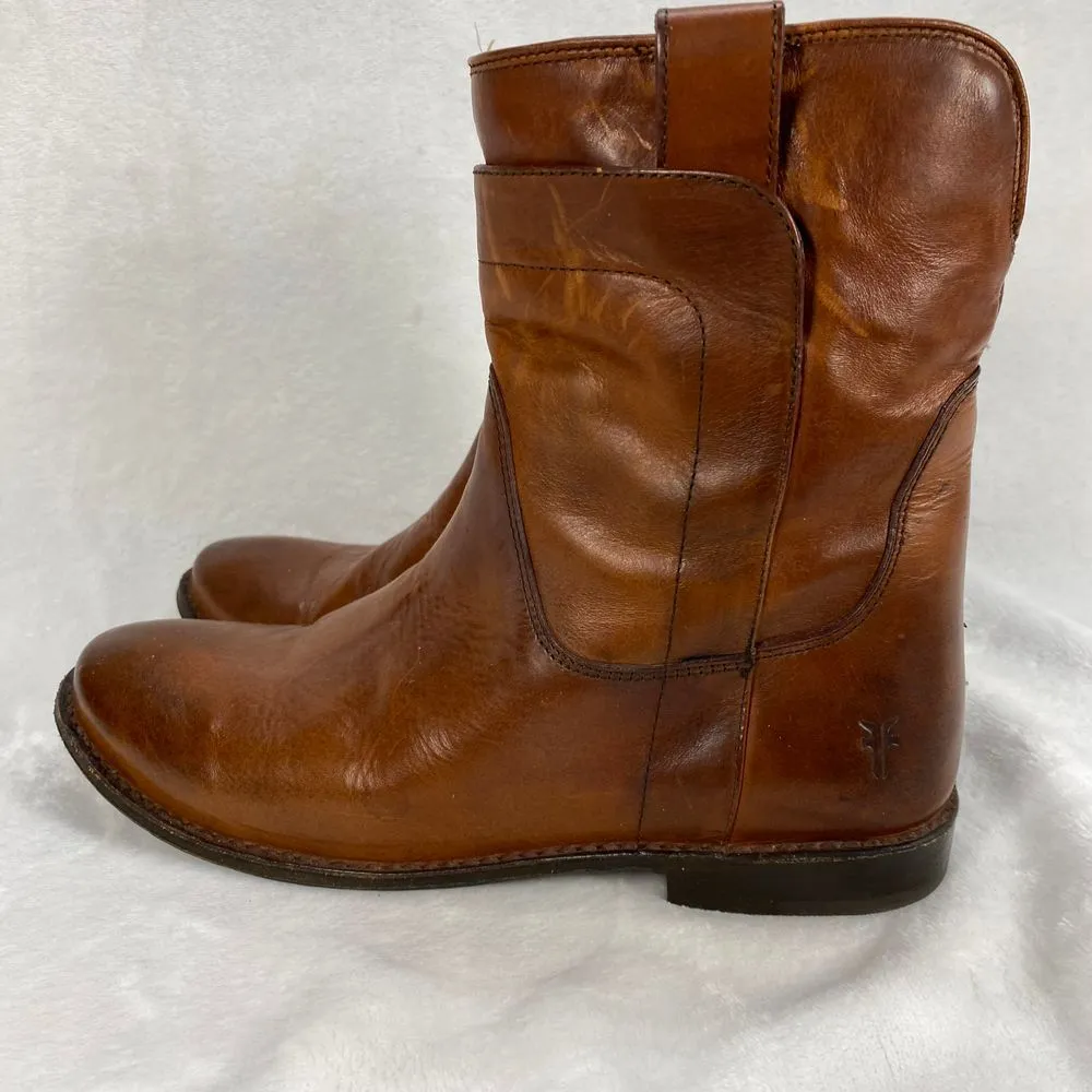 Frye Paige Short Riding Leather Ankle Boots Western Cowboy‎ Pull On Cognac 6.5 - Image 7