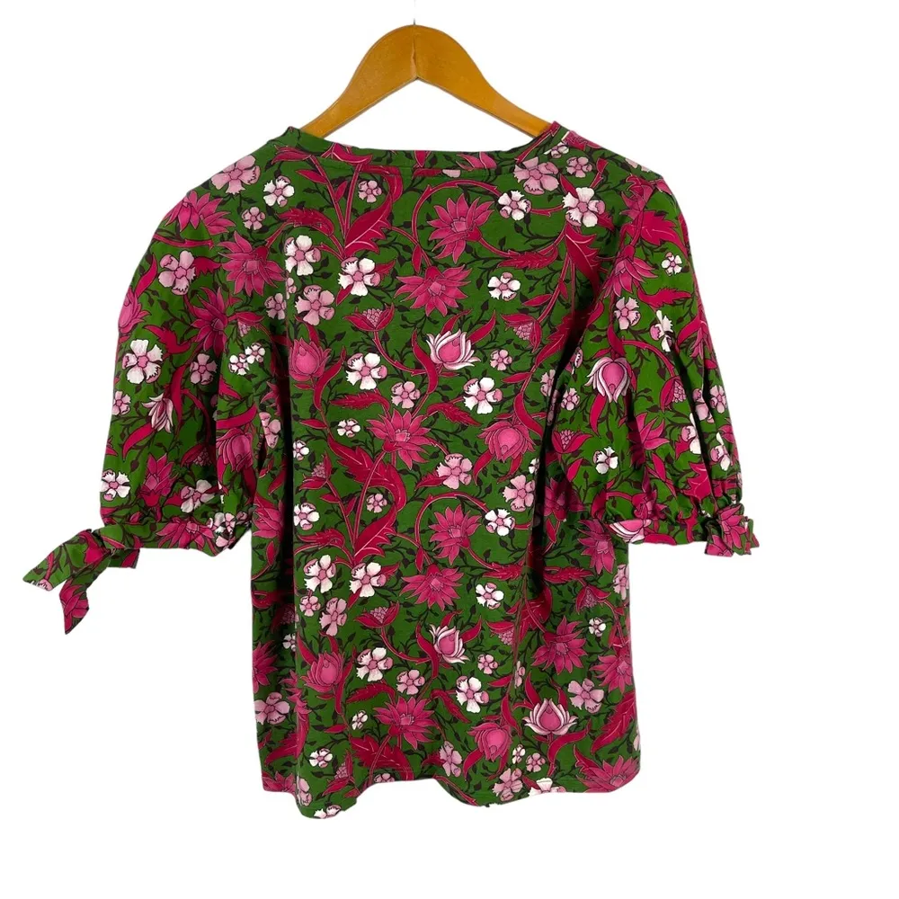 Zara Women's Floral Tie Sleeve Top Blouse Green Multicolor Puff Sleeve Size XL - Image 9