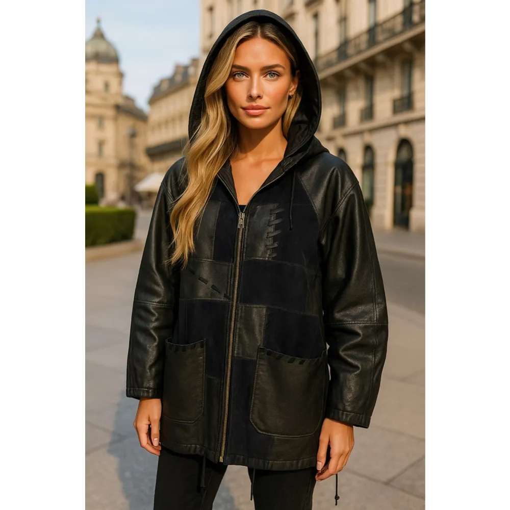 Winlit Leather Patchwork Coat Hood Urban Luxe Quiet Edge Avant - Image 2